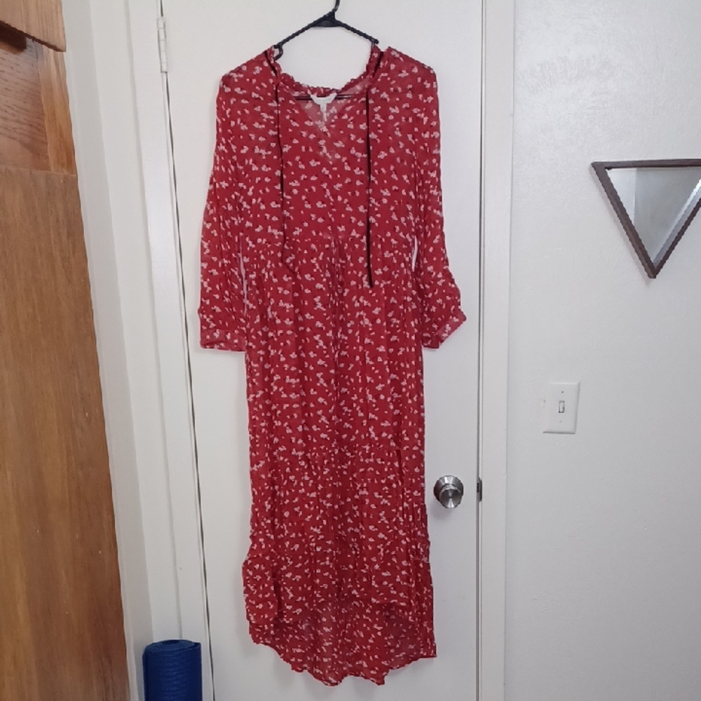 Lucky Brand womens high-low sheer Red/white floral dress with Bishop Sleeves